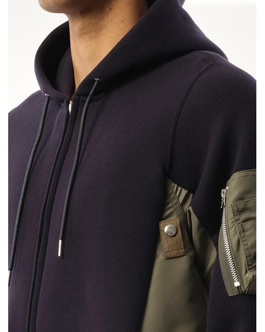 Sacai Blue Sponge Sweat Nylon Twill Zip Hoodie, Long Sleeves, 100% Cotton for men