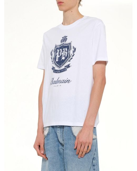 Balmain White College Emblem Print T-Shirt for men