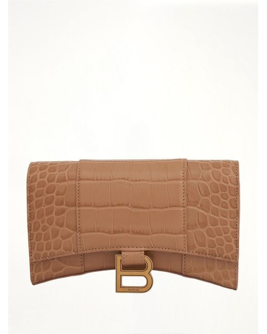 Balenciaga Brown Hourglass Embossed Croc Wallet On Chain, 100% Leather