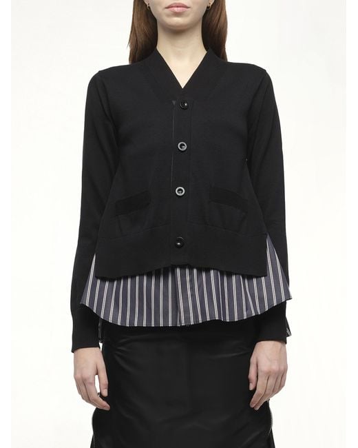 Sacai Black X Poplin X Knit Cardigan, 100% Polyester
