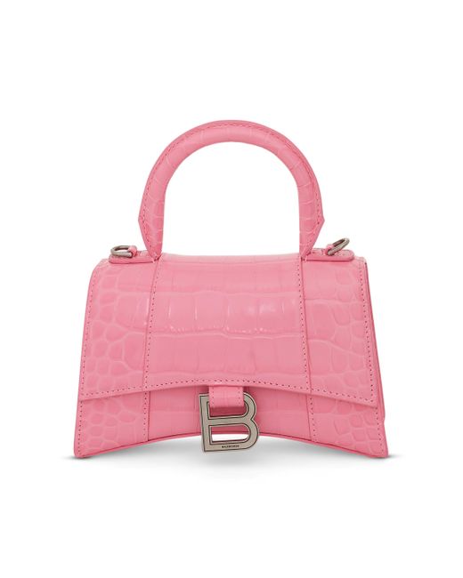 Balenciaga Pink Hourglass Xs Croco Embossed Bag, Sweet, 100% Leather
