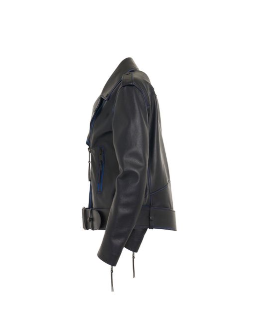 Off-White c/o Virgil Abloh Blue Off- Vintage Oversize Leather Biker Jacket, Long Sleeves, , 100% Cotton