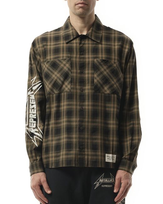 Represent Black Metallica Check Shirt, Long Sleeves, 100% Cotton, Size: Small for men