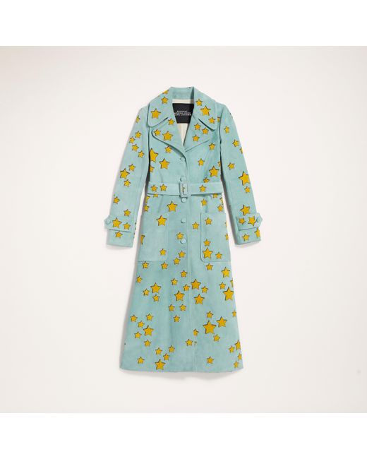 Marc Jacobs Multicolor Women's Suede Trench Coat With Star Applique In Pale Turquoise, Size 2