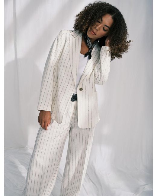 Veste Blazer À Fines Rayures En Lin Marina Rinaldi en coloris White
