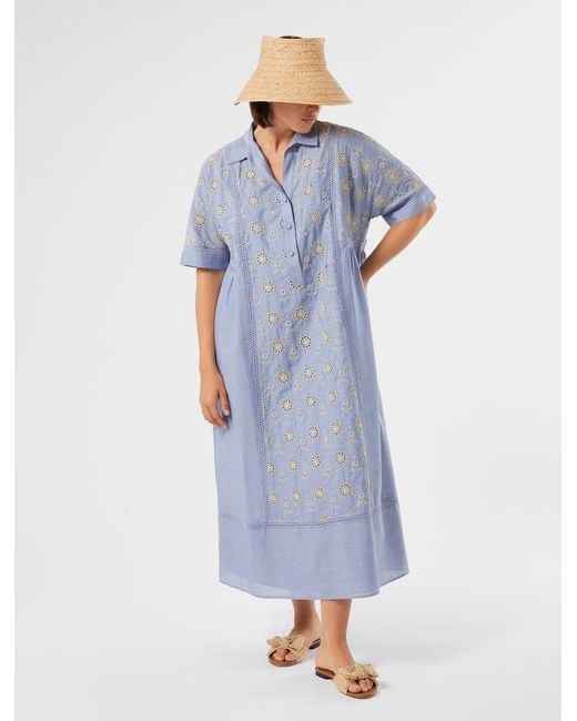 Marina Rinaldi Blue Kaftan-Kleid Aus Chambray Mit Stickerei