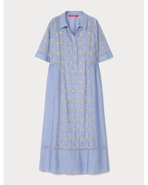 Marina Rinaldi Blue Kaftan-Kleid Aus Chambray Mit Stickerei