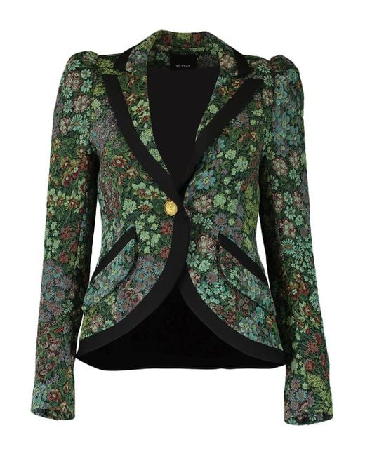 Smythe Synthetic Taped Pouf Sleeve One Button Blazer in Jade Black ...