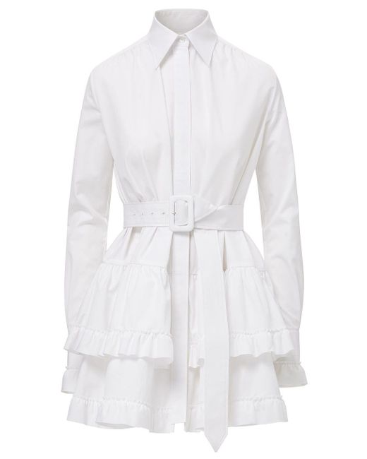 Brandon Maxwell Cotton Mini Shirt Dress With Ruffle Hem in White - Save