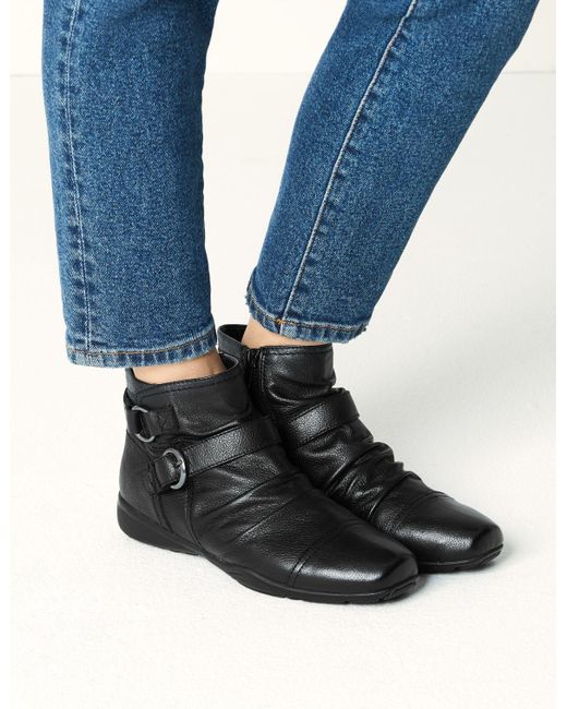 Marks & Spencer Wide Fit Leather Wedge Ruched Ankle Boots in Black - Lyst