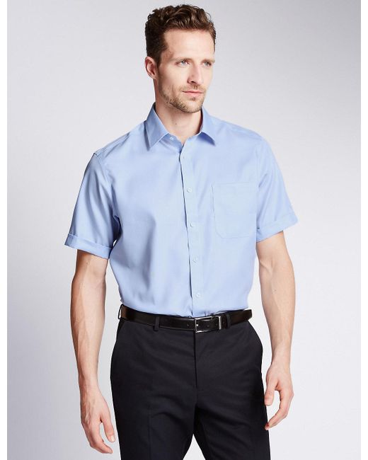 Marks & spencer Short Sleeve Non-iron Regular Shirt in Blue for Men | Lyst