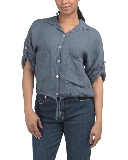 MARSHALLS Blue Linen Double Pocket Button Down Top For