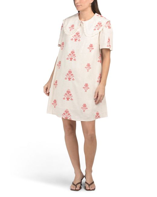MARSHALLS White Linen Blend Oversized Ruffle Collar Embroidered Mini Dress For