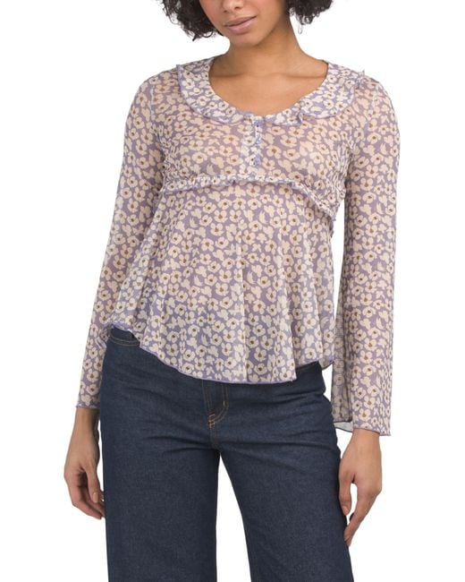 MARSHALLS Blue Ruffle Printed Mesh Blouse For