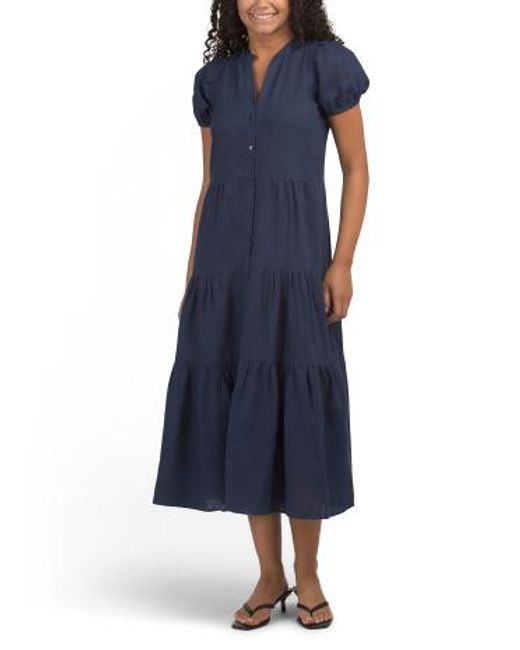 marshalls navy blue dress Marshalls Women's Blue Linen Blend Puff Sleeve Maxi Shirt Dress For