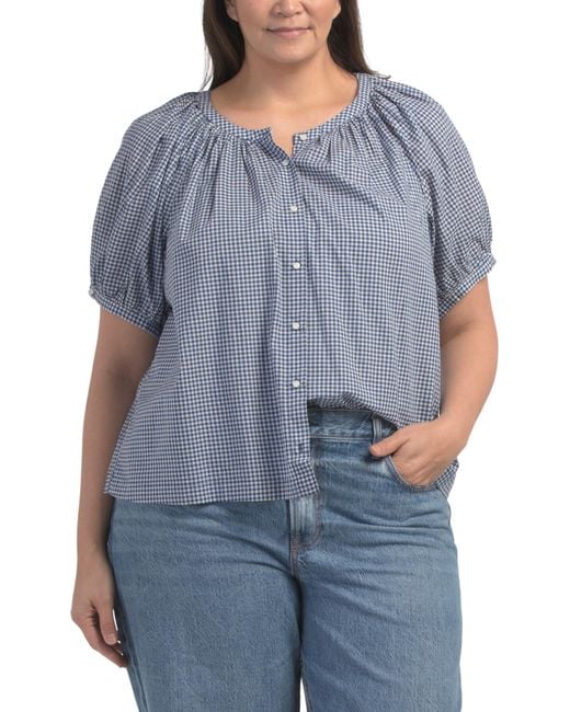 MARSHALLS Blue Plus Gingham Button Front Top For