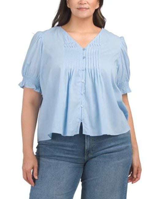 MARSHALLS Blue Plus Pleated Button Front Top For