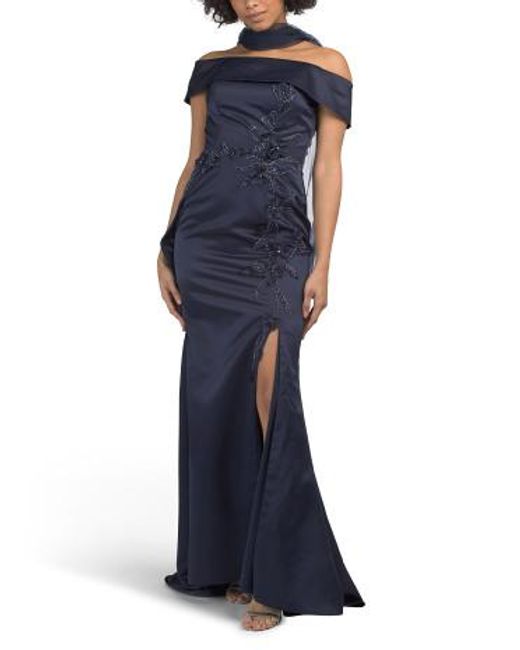 marshalls navy blue dress Marshalls Women's Blue Off The Shoulder Floral Applique Gown For