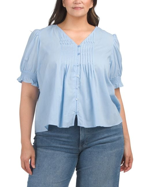MARSHALLS Blue Plus Pleated Button Front Top For