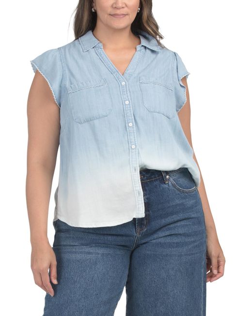 MARSHALLS Blue Plus Flutter Sleeve Collared Button Down Top For