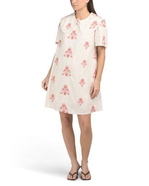 MARSHALLS White Linen Blend Oversized Ruffle Collar Embroidered Mini Dress For