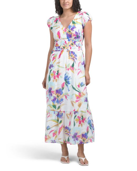 Marshalls V-Neck Elastic Waist Bubble Sleeve Maxi Dress For in White | Lyst