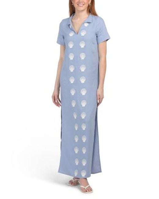 Marshalls Linen Blend Embroidered Shell Short Sleeve Maxi Caftan Dress For  in Blue | Lyst