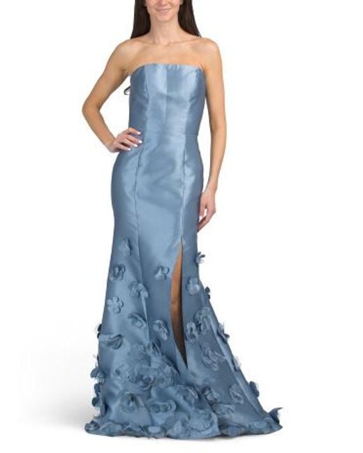marshalls evening dresses 3D Strapless Floral Gown For in Blue handmade handloomed Ivory Silk satin mini Size:40W X 34L formal dress
