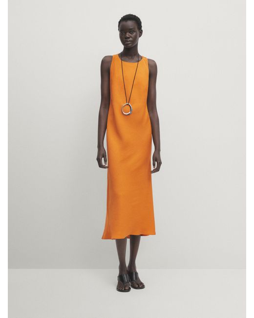 MASSIMO DUTTI Orange Linen Blend Midi Dress With Twisted Back Detail