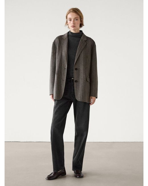 MASSIMO DUTTI Green Wool Blend Pinstripe Blazer