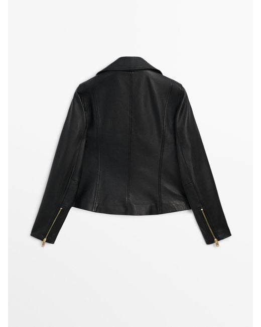 MASSIMO DUTTI Black Nappa Leather Biker Jacket
