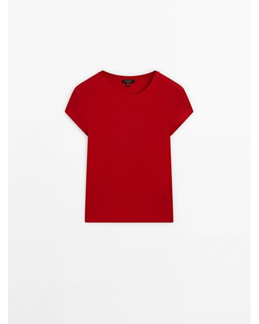 MASSIMO DUTTI Red Short Sleeve Cotton Blend T-Shirt