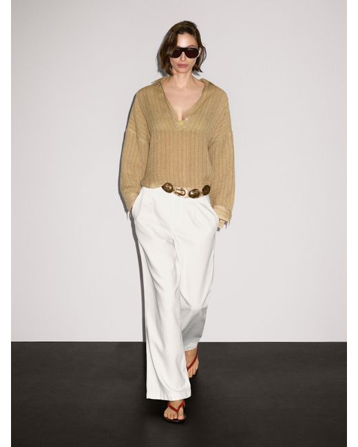 MASSIMO DUTTI White Linen Blend Open Polo Collar Blouse