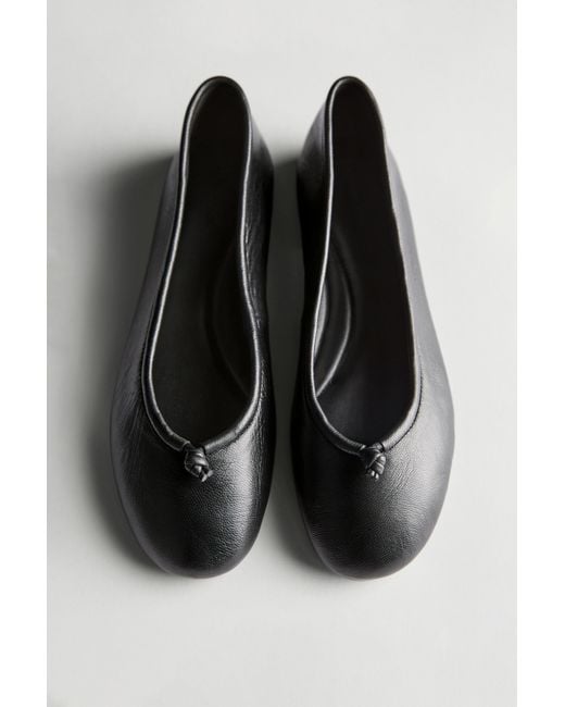MASSIMO DUTTI Black Leather Ballet Flats With Knot