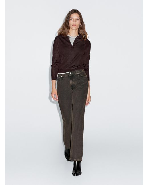 MASSIMO DUTTI Brown Wool Knit Polo Sweater