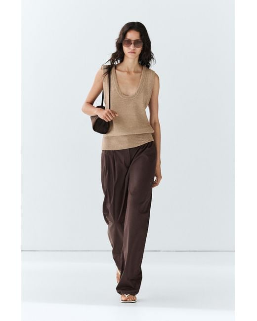MASSIMO DUTTI Brown Cotton Blend Poplin Pleated Pants