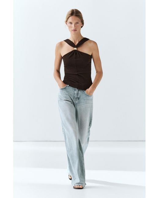 MASSIMO DUTTI Black Halter Top With Jeweled Straps