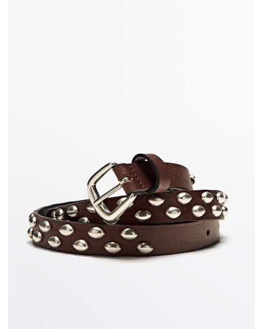 MASSIMO DUTTI Brown Nappa Leather Belt With Stud Details