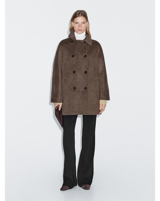 MASSIMO DUTTI Brown Wool Blend Double-Breasted Cropped Coat