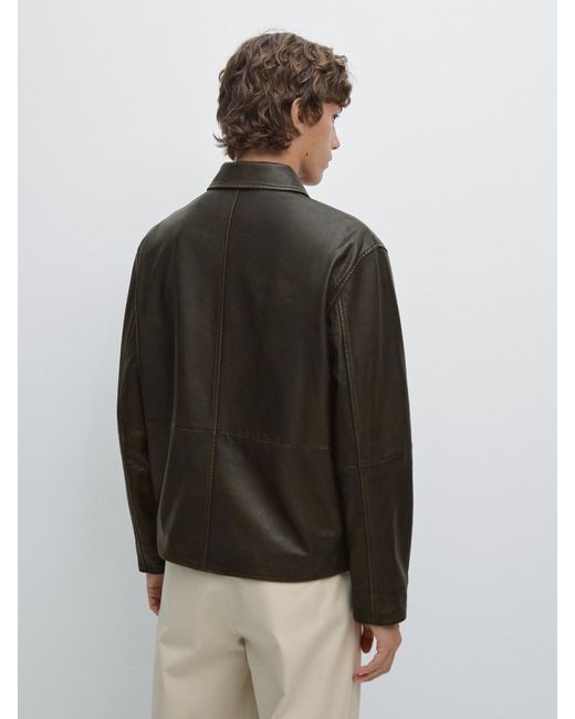 MASSIMO DUTTI Gray Distressed Effect Short Nappa Leather Jacket for men