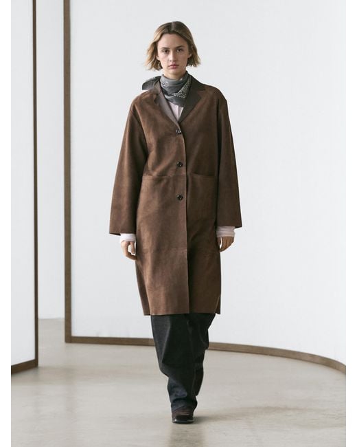 MASSIMO DUTTI White Long Suede Leather Coat