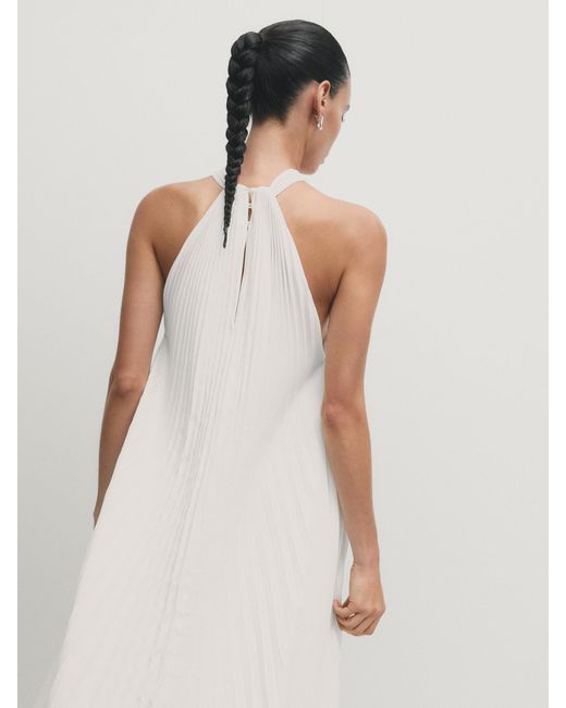 massimo dutti white pleated dress MASSIMO DUTTI Pleated Halterneck Dress in White