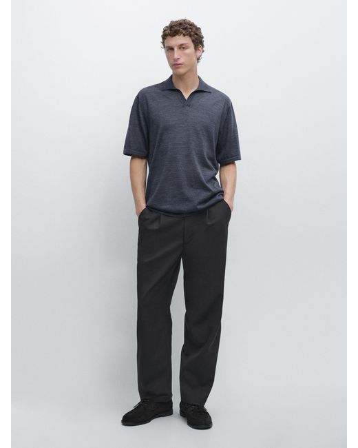 MASSIMO DUTTI Blue Knit V-Neck Polo Shirt for men