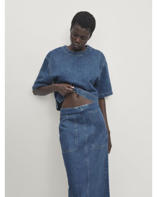 MASSIMO DUTTI Blue Straight-Fit Denim Carpenter Skirt