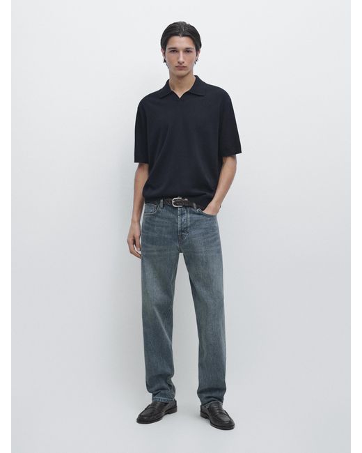 MASSIMO DUTTI Blue Cotton Blend Knit Polo Sweater for men