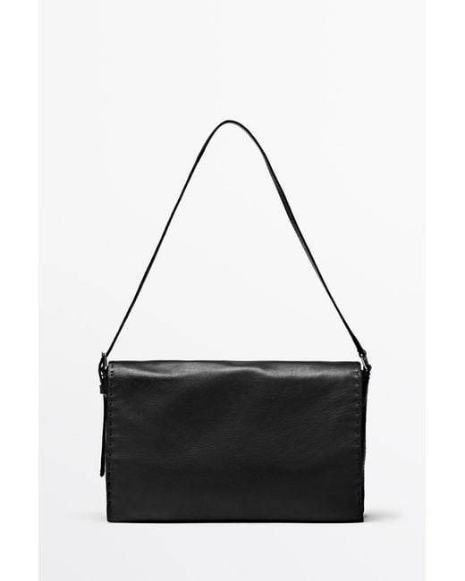 MASSIMO DUTTI Black Nappa Leather Crossbody Bag With Topstitching