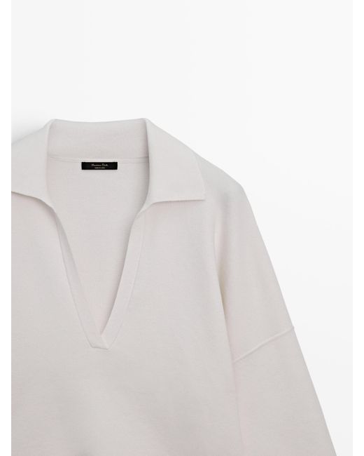 MASSIMO DUTTI Milano Knit Polo Collar Sweater in White Lyst