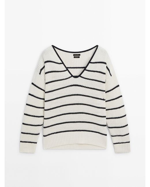 MASSIMO DUTTI White Striped Purl-Knit V-Neck Sweater