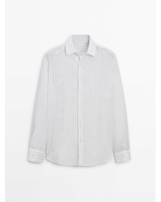 MASSIMO DUTTI White Relaxed Fit Striped Linen Shirt for men