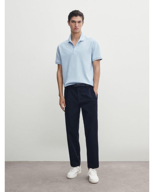 MASSIMO DUTTI Blue Piqué 100% Cotton Polo Shirt for men